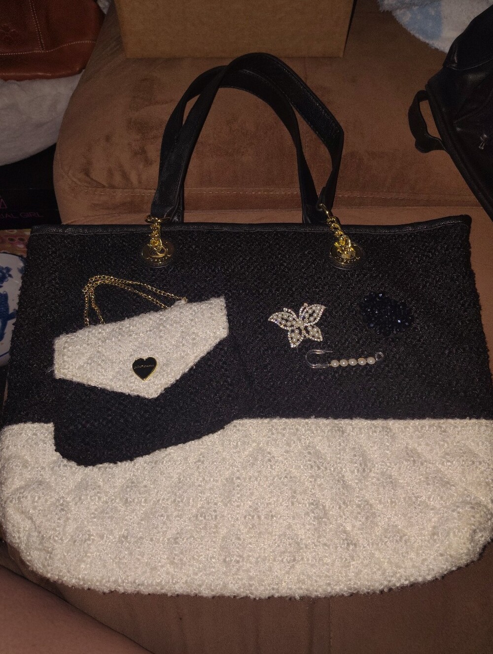 Betsy Johnson Black and White Women’s Tote Bag with Decorative Pins Butterfly